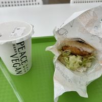 Cuttlefish steak rice burger with soy milk black tea  at Peace Vegan 痞食維根 - Pǐ Shí Wéi Gēn in Zhubei