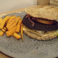 Burger and sweet potato fries at 42°Raw in Copenhagen