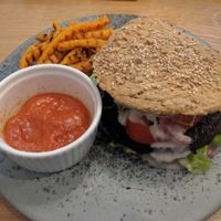 burger with sweet potato fries at 42°Raw in Copenhagen