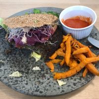 vegan burger with sweet potato fries at 42°Raw in Copenhagen