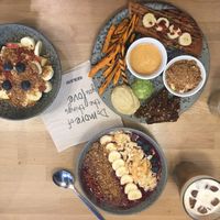 Brunch platter, açai bowls and granola bowl at 42°Raw in Copenhagen