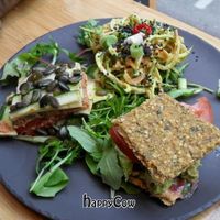 Tapas Plate: Avocado Sandwich, Thai Noodles and Lasagna. at 42°Raw in Copenhagen