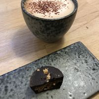 Oat cappuccino and peanut butter cup  at 42°Raw in Copenhagen