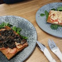 Mushroom pizza and Pineapple Pizza...both delicious and filling. at 42°Raw in Copenhagen