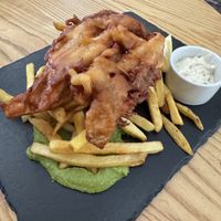 Vegan ‘fish’ and chips - large portion!  at The Owl in Camber