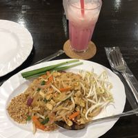 Vegan Pad Thai with Pink Chocolate Milk at Krua Boon - Eathai Central Embassy in Bangkok