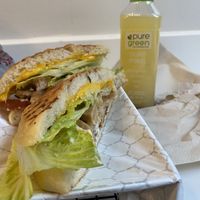 Chick’n cheddar ranch bacon sandwich and a coconut hydrating juice at Terri in New York City