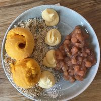 Apple and rhubarb crumble with mango sorbett  at Social Club in Taupo