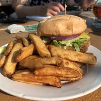 Seitan-derloin sandwich w/fries at Upland FSQ Brewery in Indianapolis
