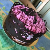 Chocolate base and raspberry filling at Contribution in Louvain-la-neuve