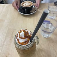 Salted caramel iced coffee (with coconut cream) and a soya cappuccino   at Lilo Cafe in Barcelona