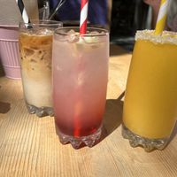 Iced coffee, strawberry lemonade and Spicy Mango smoothie   at Lilo Cafe in Barcelona