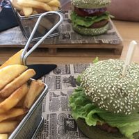 vegan burger with fries at Burger Time in Ljubljana
