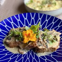 Seitan steak with mushroom sauce and couscous at Gavino Restaurante Bar in Funchal