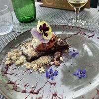 vegan chocolate brownie with sorbet at Gavino Restaurante Bar in Funchal