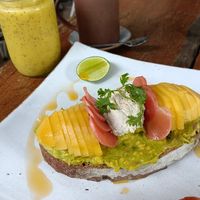 Mango madness smoothie, avocado toast (with roasted tomato) at Backyard Cafe - Street 240 in Phnom Penh