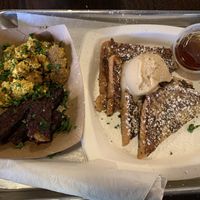 French Toast with tofu eggs and tempe bacon  at Dharma Southern Kitchen in Sanford