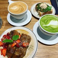 French toast and pesto & nut ricotta toast, oat latte, matcha latte.  at Anima in Helsinki