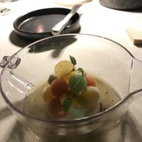 Lemon sorbet with frozen fruit balls and caramelized lemon with rosemary  at Hofke van Bazel in Kruibeke