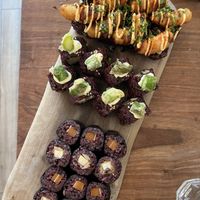 Shrimpless tempura (top), mushroom roll (middle), tofu & salmon maki (bottom)  at Vegan Sushi Bar - Downtown in Amsterdam