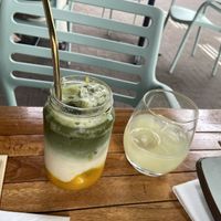 Matcha mango milktea (quite nice, but with conserved mango) and yuzu sake (very good) at Vegan Sushi Bar - Downtown in Amsterdam