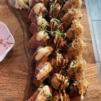 Flambé salmon, No chicken teriyaki and Happy fish. Nice, but used to be better. The Happy fish was the least tasty of the 3, because the ebi was missing at Vegan Sushi Bar - Downtown in Amsterdam