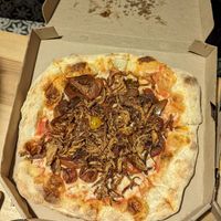 Pizza with onions and tomatoes at Herbívoro- Chapinero in Bogota