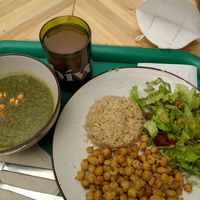 Soup, juice, rice, salad, garbanzos at Herbívoro- Chapinero in Bogota