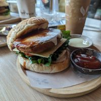 Pork burger at VIBE Coffee & Plant-Based Food in Bangkok