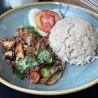 Plant-based pork with rice, 149 baht  at VIBE Coffee & Plant-Based Food in Bangkok
