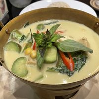 Green curry with soy chicken, mushroom and vegetables (179 baht) with brown rice (45 baht)  at VIBE Coffee & Plant-Based Food in Bangkok