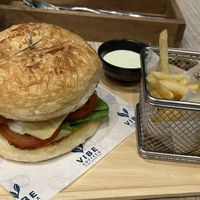 Vegan chicken burger with fries  at VIBE Coffee & Plant-Based Food in Bangkok