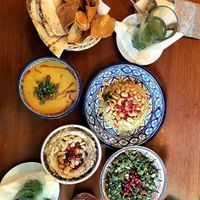 hummus, lentil soup, tabouleh, biryani, fresh mint tea at Aleppo Supper Club in Berlin