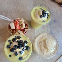 There's Pina colada, lemon blueberry shake and strawberry cheesecake Sundae. 
Strawberry cheesecake Sundae was the winner. The rest is not that cold and too sweet and flavor is ok at V Burger in Calgary