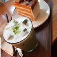 Carmel salt cate WOW. VERY decadent. Iced green tea latte. (This is a sketchy photo cuz it was screenshot from a boomerang lol sorry) at Cafe Turtle 카페 거북이 in Seoul