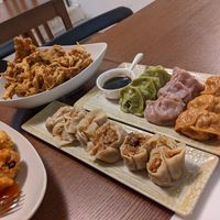 Most of the spread! Steamed dumplings, open dumplings, fried oyster mushrooms and fried eggplant and tofu at Su Guan in Florence