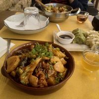 Noodles with mixed vegetables (e.g. romanesco, lotus root, potato, bok choy) and tofu with the "secret" sauce recipe. at Su Guan in Florence
