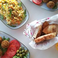 Vegan Falafel plate with veggies and homemade pita bread, Greek Salad without chicken and mustard dressing  at El Greco in Tribunj