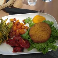 Vegan wiener schnitzel woth pumpkin and vegetables at Ciotolina Rivendita e Cucina in Cesenatico