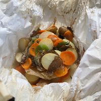 Main course: Cabbage roast with zucchini, carrots, potatoes, mushroom   at Perle Restaurant in Pasadena