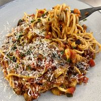 Pasta ratatouille with grated Parmesan (vegetarian) at Perle Restaurant in Pasadena