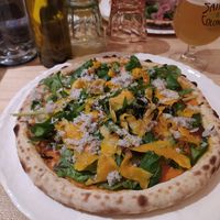 Zucca (carrot cream, Hokkaido squash, black radish, fennel, taggia olives, olive oil, fresh greens) and tap beer (Sainte-Colombe) at Angello in Rennes