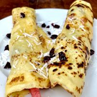 Vegan fruit filled pancakes  at Il Giardino in San Marcos La Laguna