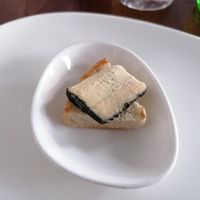 Amuse bouche : vegan cheese on bread at Velani in Vienna