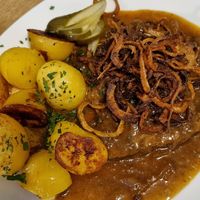 Zwiebelrostbraten - heavy (Austrian food lol), but soo good. at Velani in Vienna