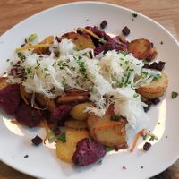 Blood pudding, potatoes, and sauerkraut at Velani in Vienna