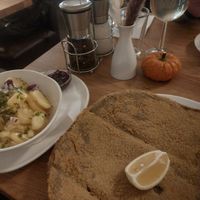 Potato salad, Wiener Schnitzel and jam at Velani in Vienna