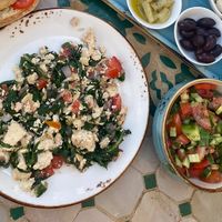 Vegan scrambled egg (tofu) and small salad  at Yodfat Cafe in Yodfat