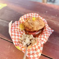 Buffalo Chick-Not Sandwich + side of macaroni salad at The Mocking Bird - Food Cart in Portland
