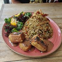 Menu del dia with mixed rice, salad and tofu croquetas (also came with a soup, tea and a juice). Tasty and great value at Maha Vegan Food in Bogota